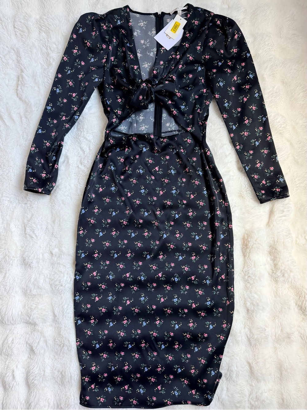 Wayf Black Floral Long Sleeve Midi Dress with Pink & Blue Blossoms
